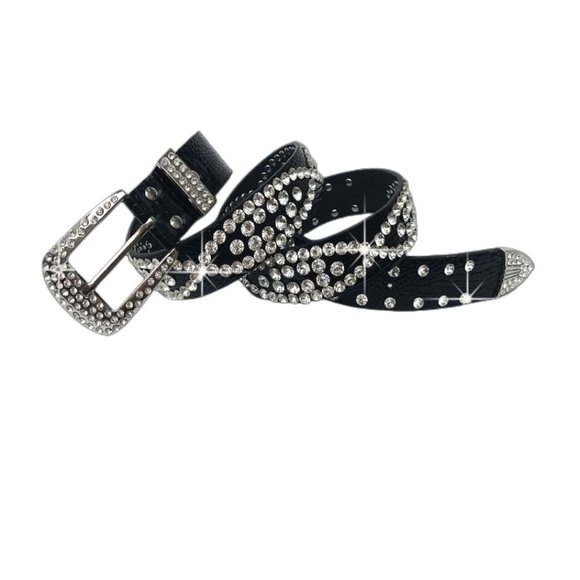 Black Vegan Crocodile Embossed Rhinestone Decor Belt - Picture 2 of 2